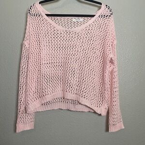 Aimage Open Knit Pink Sweater Medium Crochet Festival Layering Feminine Bohemian